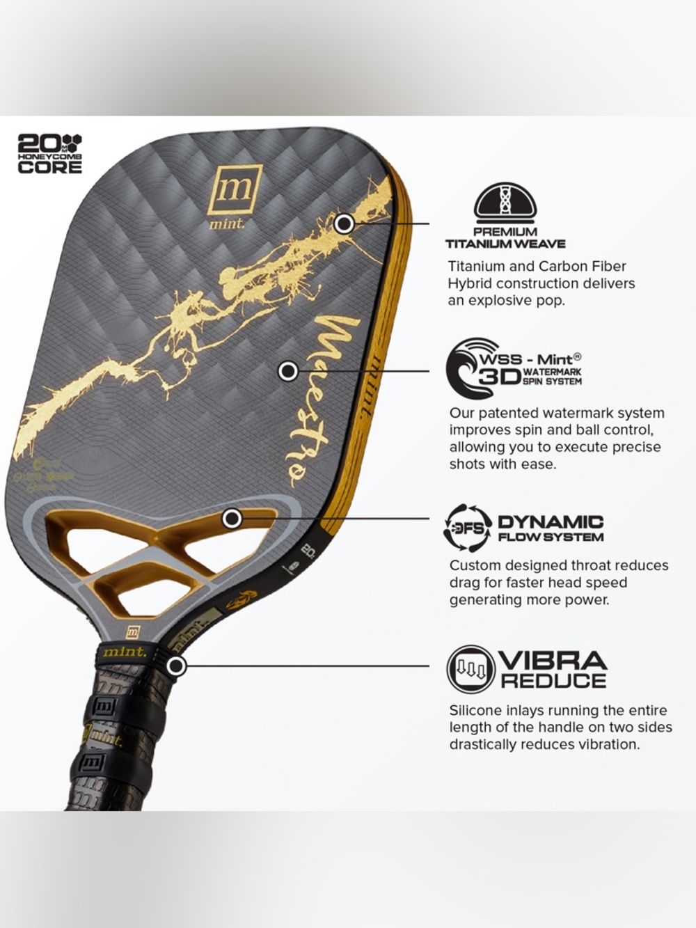 Mint Sport Maestro Pickleball Paddle Titanium / Carbon Fiber Hybrid 20mm Black - Picture 6 of 16